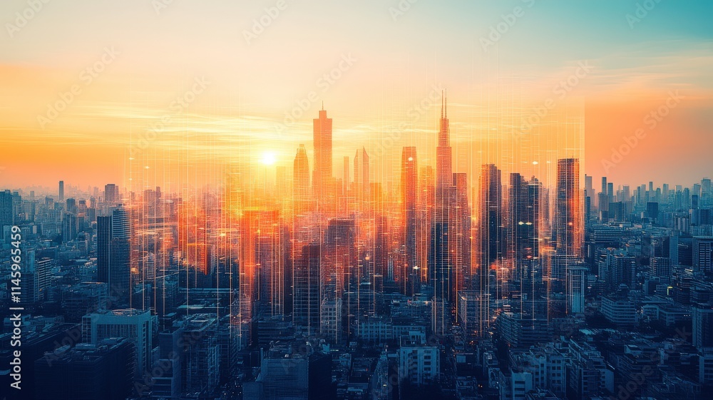 Fototapeta premium A vibrant city skyline at sunset, showcasing tall buildings and a glowing horizon, symbolizing urban life and innovation.