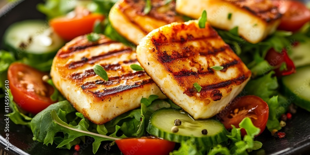Grilled halloumi cheese arranged beautifully on a fresh vegetable salad, featuring vibrant tomato, crisp cucumber, and crunchy lettuce, creating a visually appealing dish with grilled halloumi cheese. Grilled halloumi cheese arranged beautifully on a fresh vegetable salad, featuring vibrant tomato, crisp cucumber, and crunchy lettuce, creating a visually appealing dish with grilled halloumi cheese.