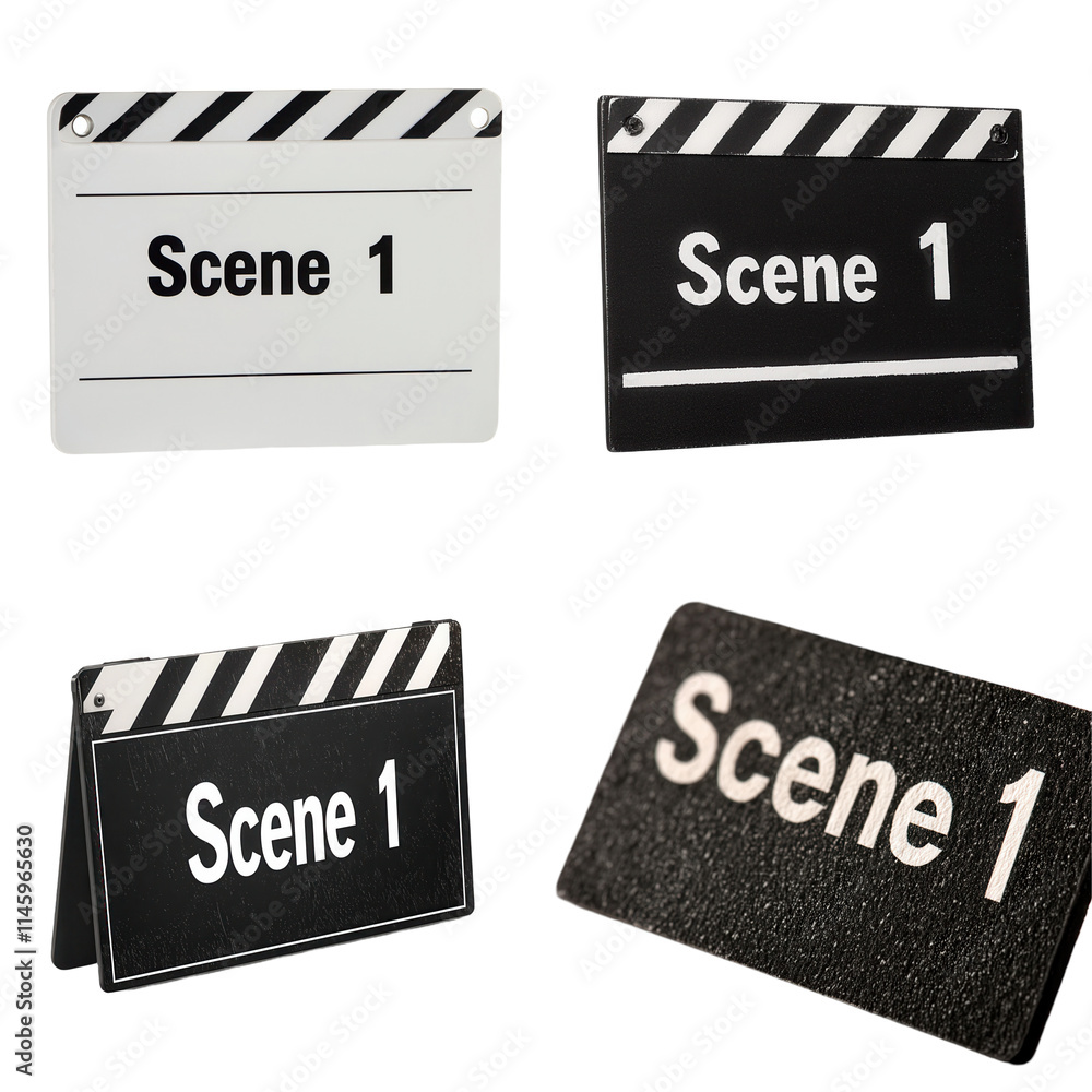 Naklejka premium Clapperboard with scene written transparent background symbolizing screen production