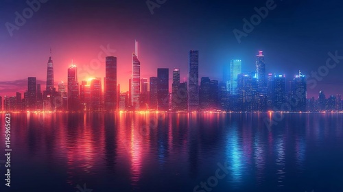 Futuristic skyline glowing neon highlights towering skyscrapers and advanced architecture under a night sky