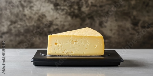 Pyramidal piece of cheese displayed on electronic scales for precise weight measurement, highlighting the unique shape and texture of the pyramidal cheese in a culinary setting.