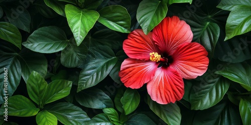 Vibrant red hibiscus flower surrounded by lush green leaves, showcasing the beauty of the red hibiscus in a natural setting, perfect for illustrations of floral elegance and nature s charm.