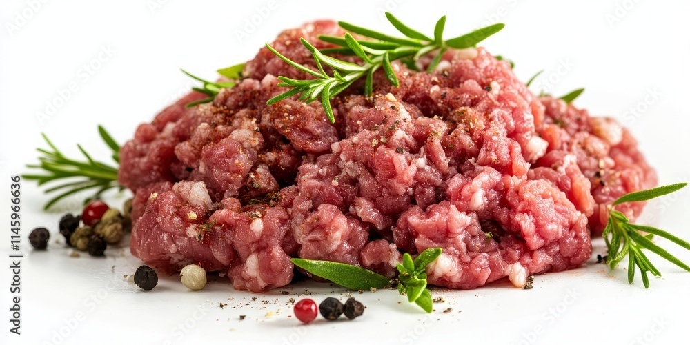 Raw minced meat seasoned with a variety of spices, presented on a white background, isolated for clarity. This raw minced meat showcases a blend of flavors and textures. Raw minced meat seasoned with a variety of spices, presented on a white background, isolated for clarity. This raw minced meat showcases a blend of flavors and textures.