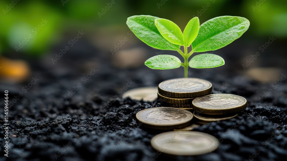Naklejka premium A sprouting plant emerges from a bed of coins, symbolizing growth, investment, and the potential for financial prosperity.