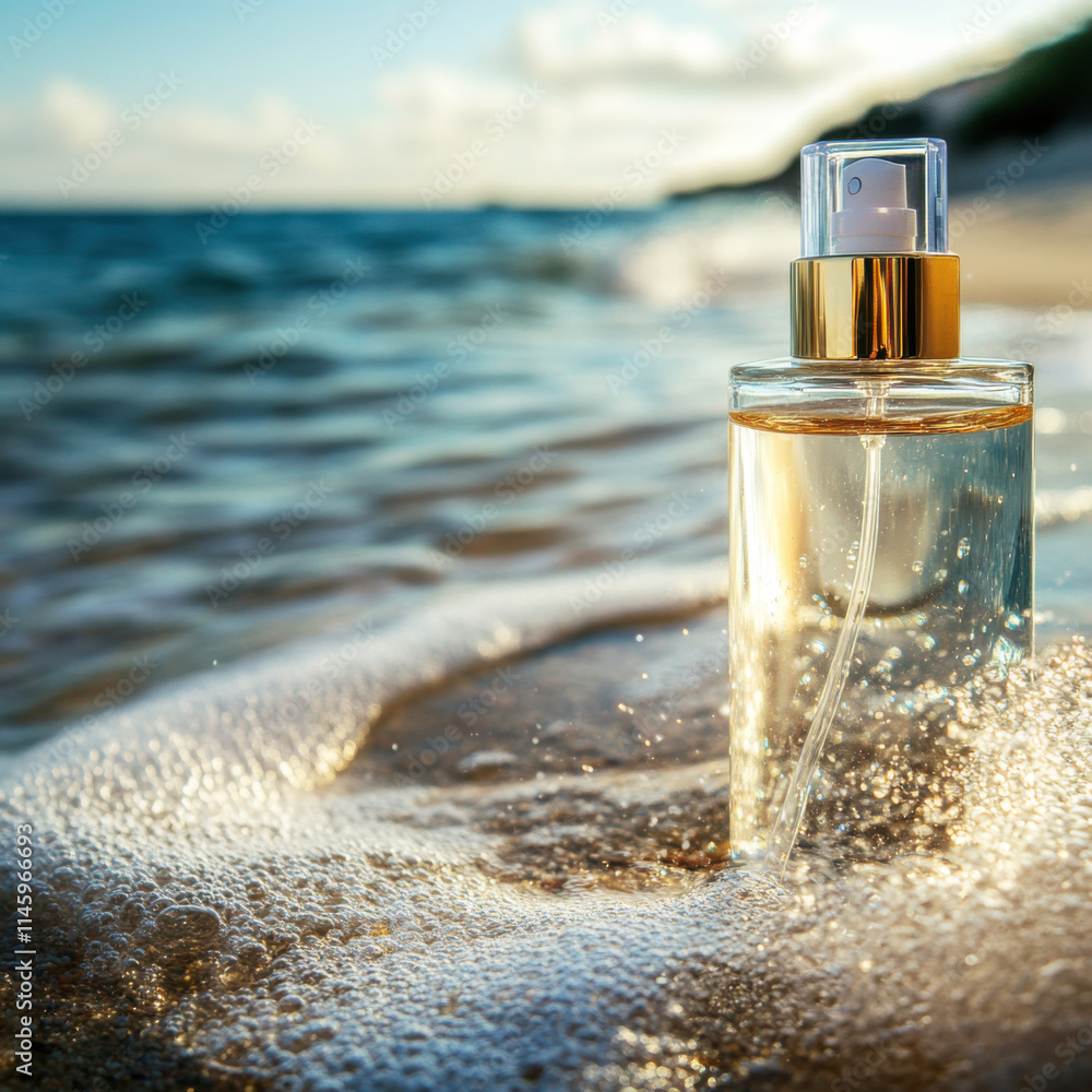 Beautiful perfume bottle on the beach with ocean waves splashing around during sunset Beautiful perfume bottle on the beach with ocean waves splashing around during sunset