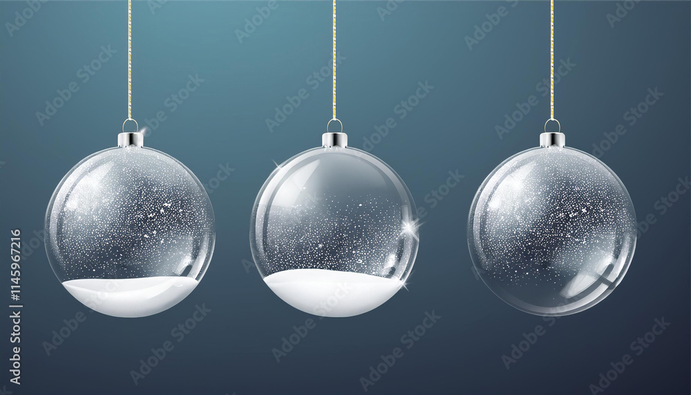 Three hanging elegant glass Christmas balls with snow inside. Holiday spirit. Xmas and New Year Three hanging elegant glass Christmas balls with snow inside. Holiday spirit. Xmas and New Year