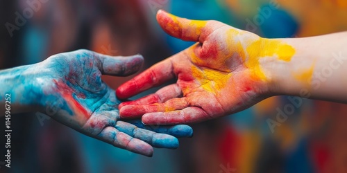 Painted hands symbolize connection and support. Touching fingers and holding hands in close up showcase the essence of helping hands. A gesture of giving a helping hand represents hope and charity.