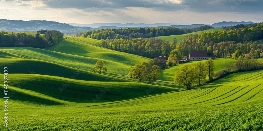 Fototapeta premium Vibrant spring green agricultural fields create a picturesque rural landscape, showcasing the beauty of nature and the freshness of spring in agricultural settings. Ideal for nature and farm themes.
