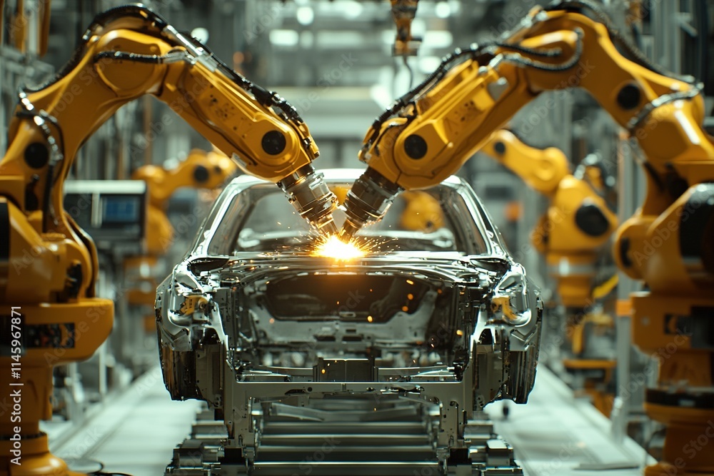 Robotic arms assembling car in automated factory Robotic arms assembling car in automated factory
