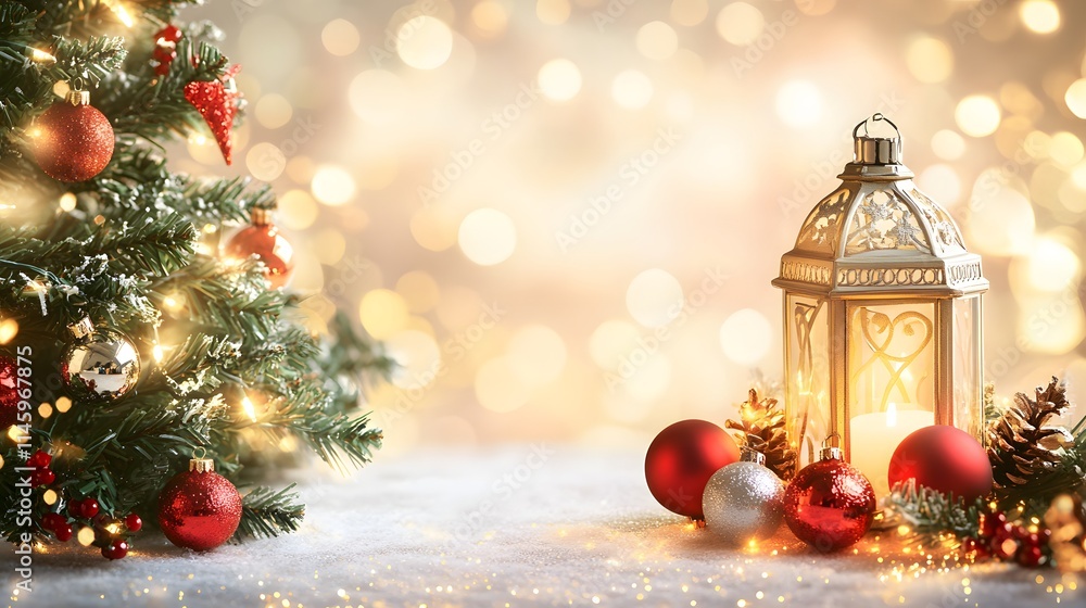 Festive Christmas scene with lantern and ornaments Festive Christmas scene with lantern and ornaments