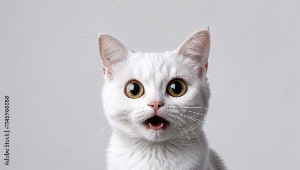 Close-up Funny Portrait of a Surprised White Cat, Capturing the Hilarious Expression and Playful Curiosity with Detailed Fur and Lively Features Close-up Funny Portrait of a Surprised White Cat, Capturing the Hilarious Expression and Playful Curiosity with Detailed Fur and Lively Features