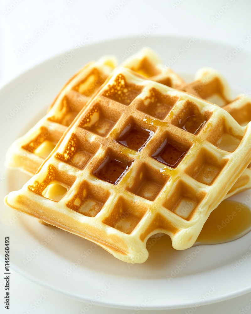 Freshly baked Liege waffles on a white ceramic plate, a drop of syrup, close-up of waffles Freshly baked Liege waffles on a white ceramic plate, a drop of syrup, close-up of waffles