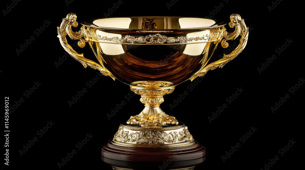 Elegant Golden Trophy on a Dark Background, Highlighting its Intricate Design and Regal Finish, Perfect for Celebrating Achievements and Victories in Various Competitions Elegant Golden Trophy on a Dark Background, Highlighting its Intricate Design and Regal Finish, Perfect for Celebrating Achievements and Victories in Various Competitions