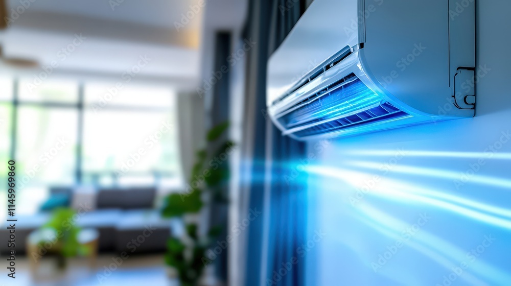 An energy-efficient air conditioner installed in a brightly lit living room, maintaining a perfect indoor climate during a hot summer day An energy-efficient air conditioner installed in a brightly lit living room, maintaining a perfect indoor climate during a hot summer day
