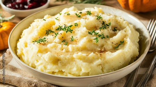 Creamy Mashed Potatoes in a Bowl with Herbs and Pumpkin Decor