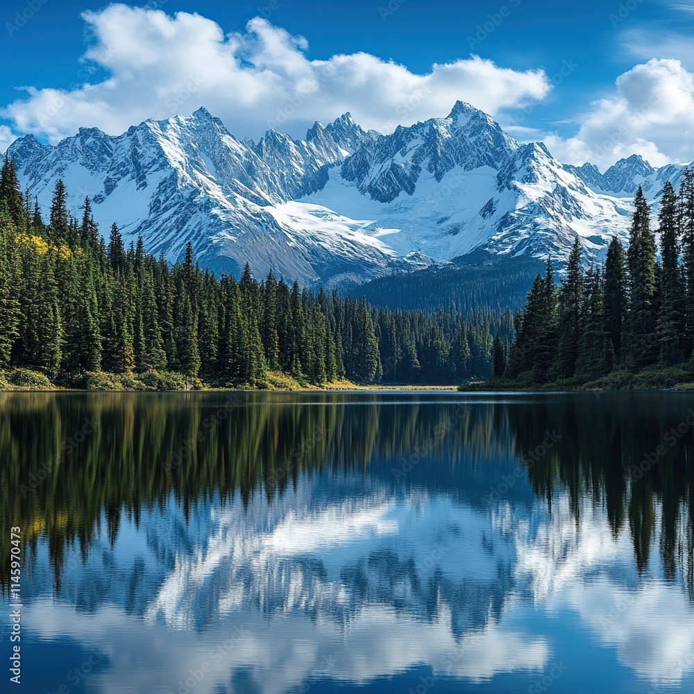 Majestic snow-capped mountains reflected in a serene lake, surrounded by lush evergreen forest under a vibrant blue sky. Majestic snow-capped mountains reflected in a serene lake, surrounded by lush evergreen forest under a vibrant blue sky.