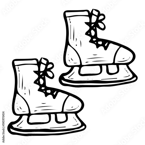 Hockey skates hand drawn doodle illustration. Sports equipment. Boots, shoes. Protective footwear with metal blade for high-speed skating on ice. Game, match. Vector line art.