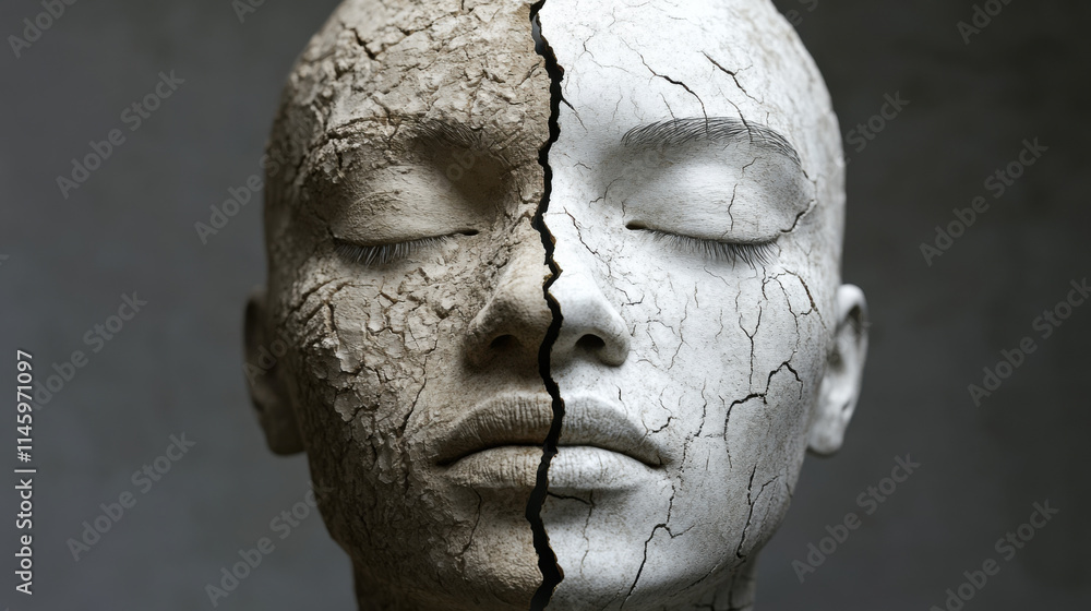 Conceptual Visual of Duality Represented by a Cracked Face, Divided by Texture, Showcasing Transformation, Emotional Conflict, and Two Perspectives on Identity and Existence Conceptual Visual of Duality Represented by a Cracked Face, Divided by Texture, Showcasing Transformation, Emotional Conflict, and Two Perspectives on Identity and Existence