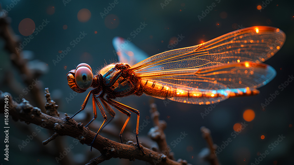 Naklejka premium An otherworldly portrayal of a mechanical dragonfly using Bioluminescent Dreamscape Mapping