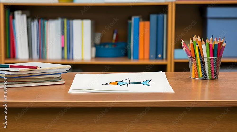 Childrens drawing and school supplies on a desk Childrens drawing and school supplies on a desk
