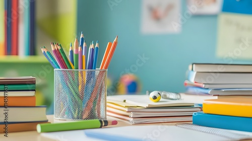 Colorful Pencils Books And School Supplies On Desk