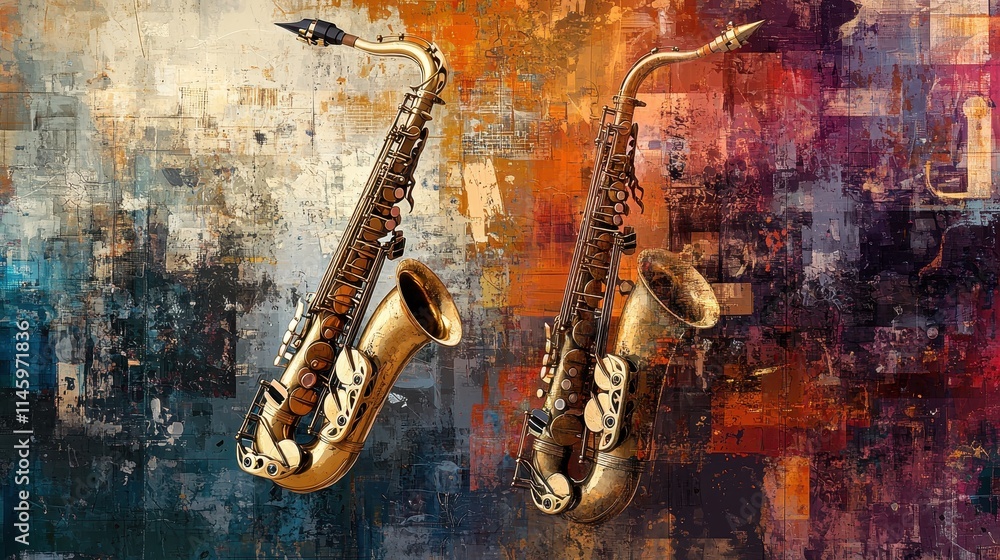 Naklejka premium Artistic collage of instruments like saxophones and trumpets, set against a textured background evoking a lively jazz club.