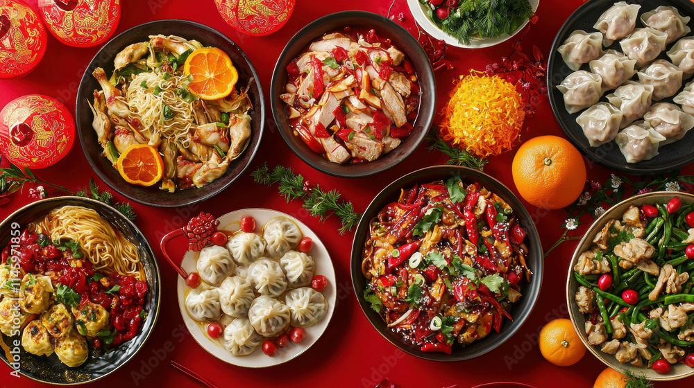 Colorful Spread of Lunar New Year Dishes on Red Background with Decorations Colorful Spread of Lunar New Year Dishes on Red Background with Decorations