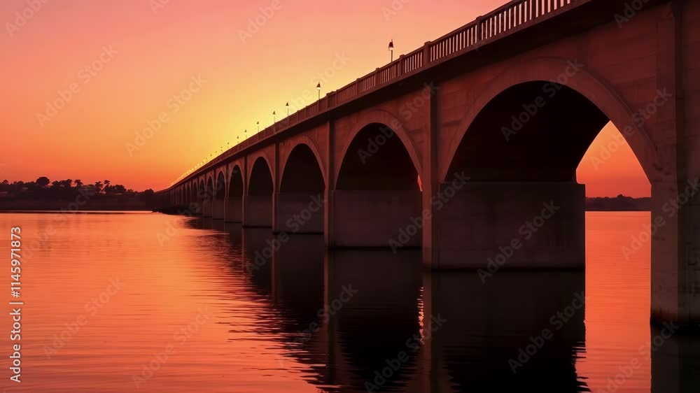 The bridge glows in the sunset light, reflecting on the water, creating a peaceful scene The bridge glows in the sunset light, reflecting on the water, creating a peaceful scene