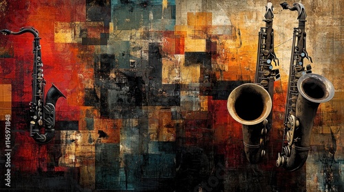 Artistic collage of instruments like saxophones and trumpets, set against a textured background evoking a lively jazz club.