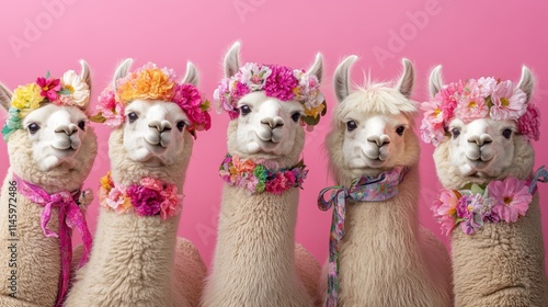 Group of fashionable alpacas in symmer floral crowns, pink background photo