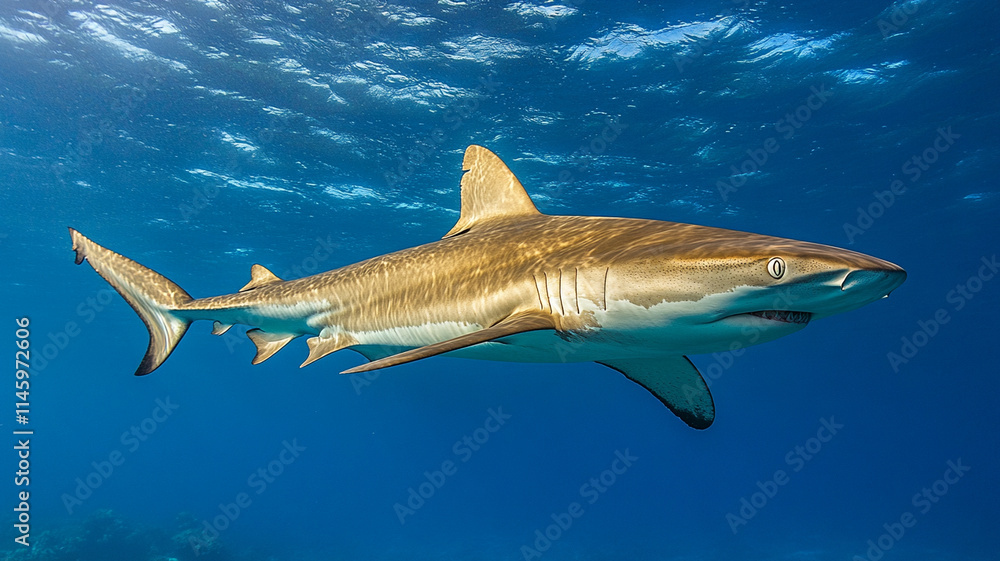Obraz premium Swimming freely, shark glides gracefully through clear ocean waters