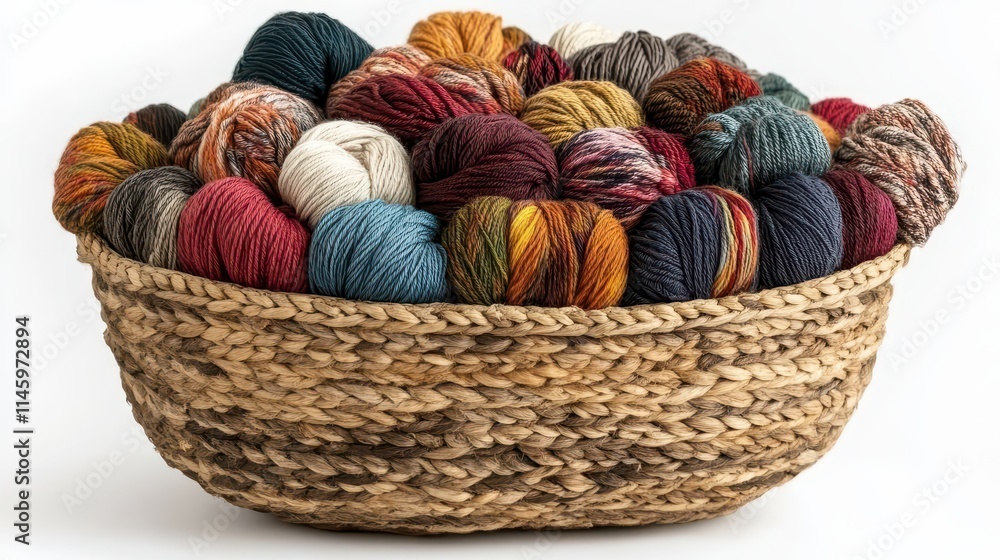 Basket overflowing with various yarns, showcasing texture and color diversity. Basket overflowing with various yarns, showcasing texture and color diversity.