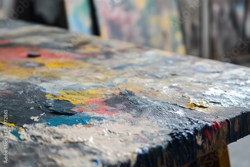 A detailed view of a table with colorful paint, suitable for art or design projects photo