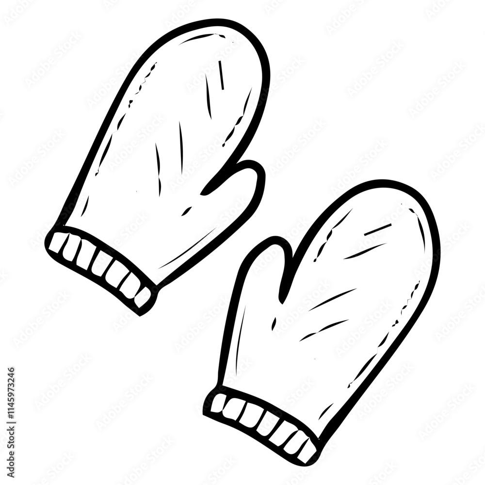 Warm mittens hand drawn doodle. Clothing accessory to protect palms from cold. Knitted gloves. Fabric wardrobe item for walking and sports. Vector line art illustration. Warm mittens hand drawn doodle. Clothing accessory to protect palms from cold. Knitted gloves. Fabric wardrobe item for walking and sports. Vector line art illustration.
