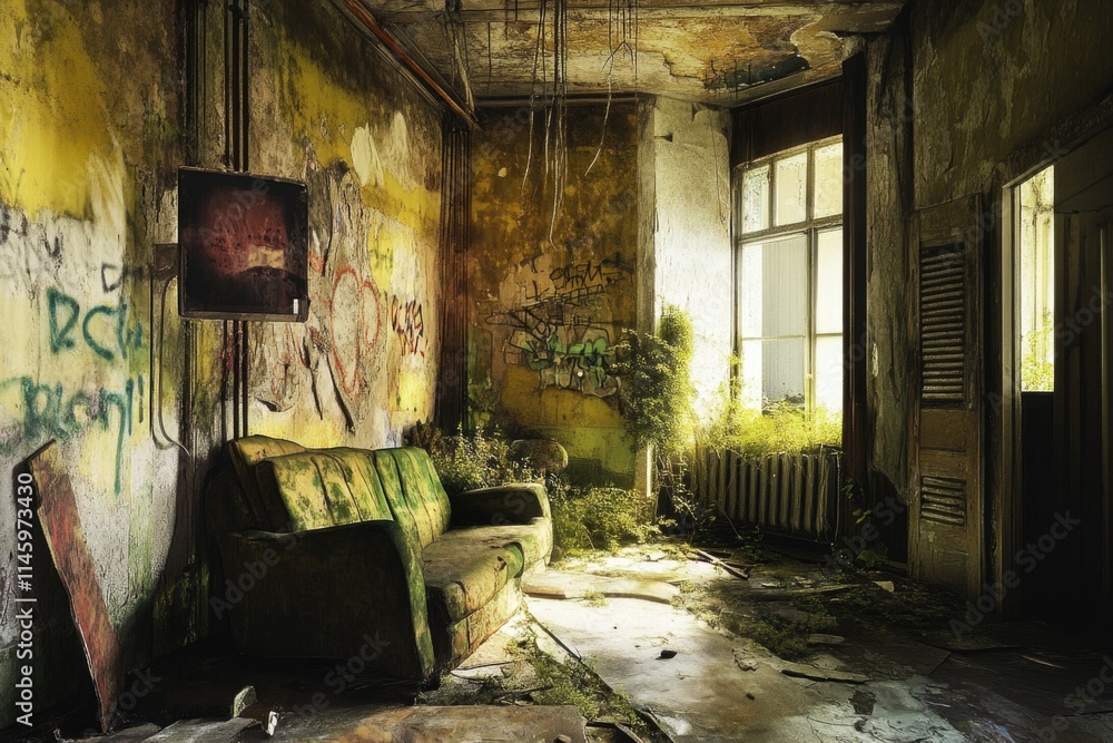 A room with vibrant street art and a worn-out couch, perfect for urban-themed projects A room with vibrant street art and a worn-out couch, perfect for urban-themed projects