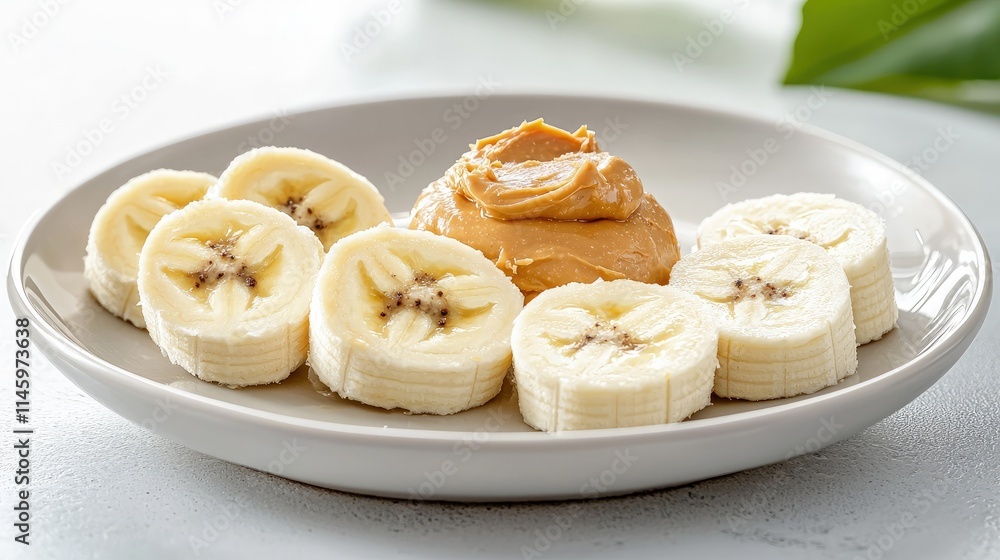 Sliced bananas with peanut butter on a plate. Sliced bananas with peanut butter on a plate.