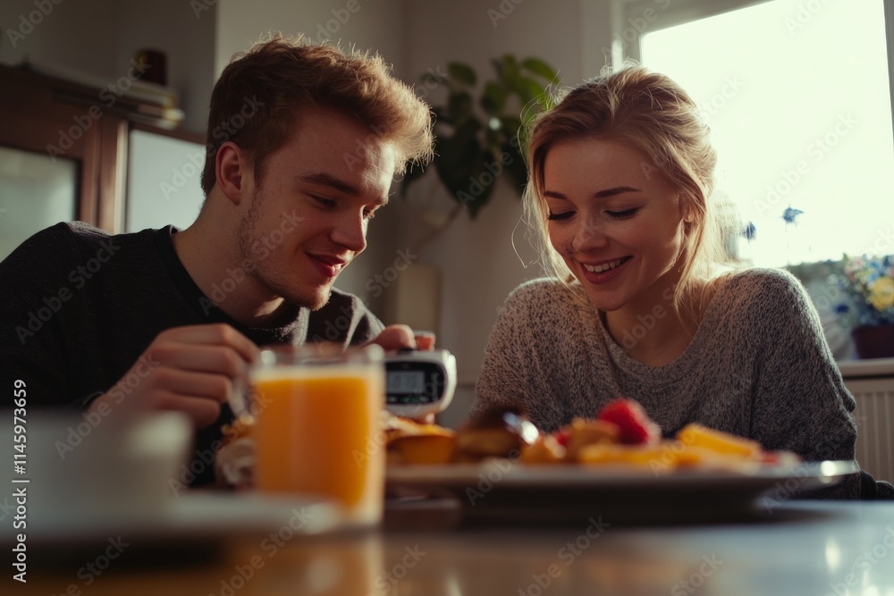 A young couple enjoys a relaxing breakfast together featuring fresh juice and fruits, portraying a scene of shared happiness, connection, and love at home. A young couple enjoys a relaxing breakfast together featuring fresh juice and fruits, portraying a scene of shared happiness, connection, and love at home.