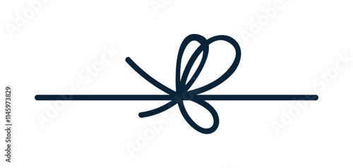 String knot tying, thin ribbon bow, decorative loops from rope. Cord adornment, line lace decoration for festive gift, surprise. Vector graphic illustration isolated on white background