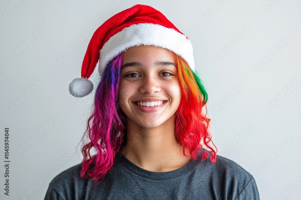 A cheerful girl with vibrant rainbow hair and a Santa hat beams a wide smile, embodying joy, festive cheer, and vibrancy with a touch of holiday celebration. A cheerful girl with vibrant rainbow hair and a Santa hat beams a wide smile, embodying joy, festive cheer, and vibrancy with a touch of holiday celebration.