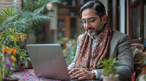 Indian businessman showing some detail in laptop to his lady assistance