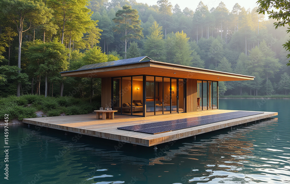 Floating pavilion with solar panels integrated into its flat roof, Floating pavilion with solar panels integrated into its flat roof,