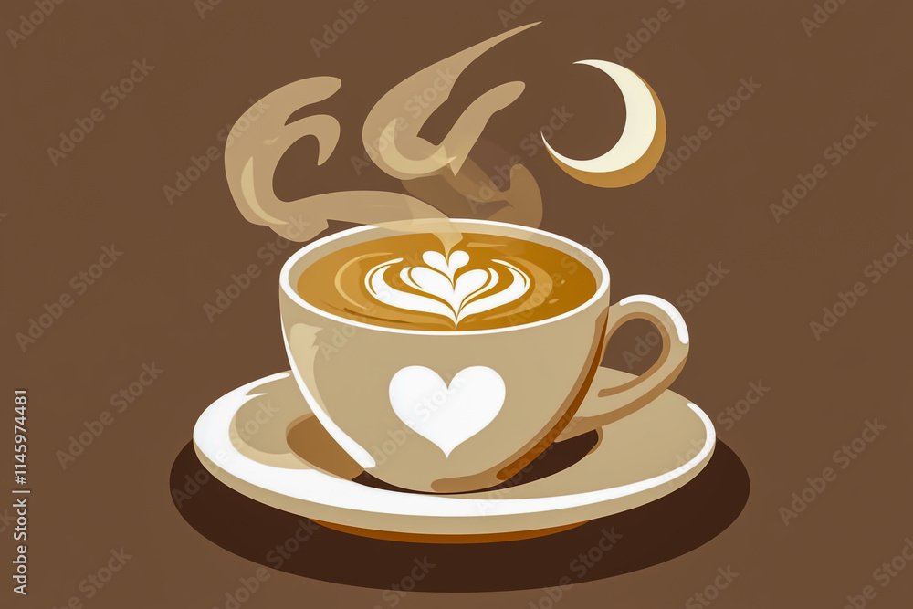 Obraz premium Vector flat logo of a cappuccino with heart-shaped foam on a brown background,