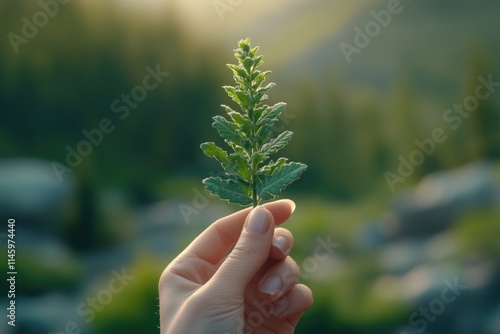 A person grasping a plant in their hand, with green leaves and stems photo