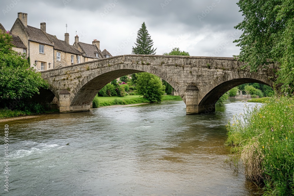A quaint stone bridge arches over a gently flowing river, surrounded by classic cottages and lush greenery under a moody sky, evoking rustic charm and tranquility. A quaint stone bridge arches over a gently flowing river, surrounded by classic cottages and lush greenery under a moody sky, evoking rustic charm and tranquility.