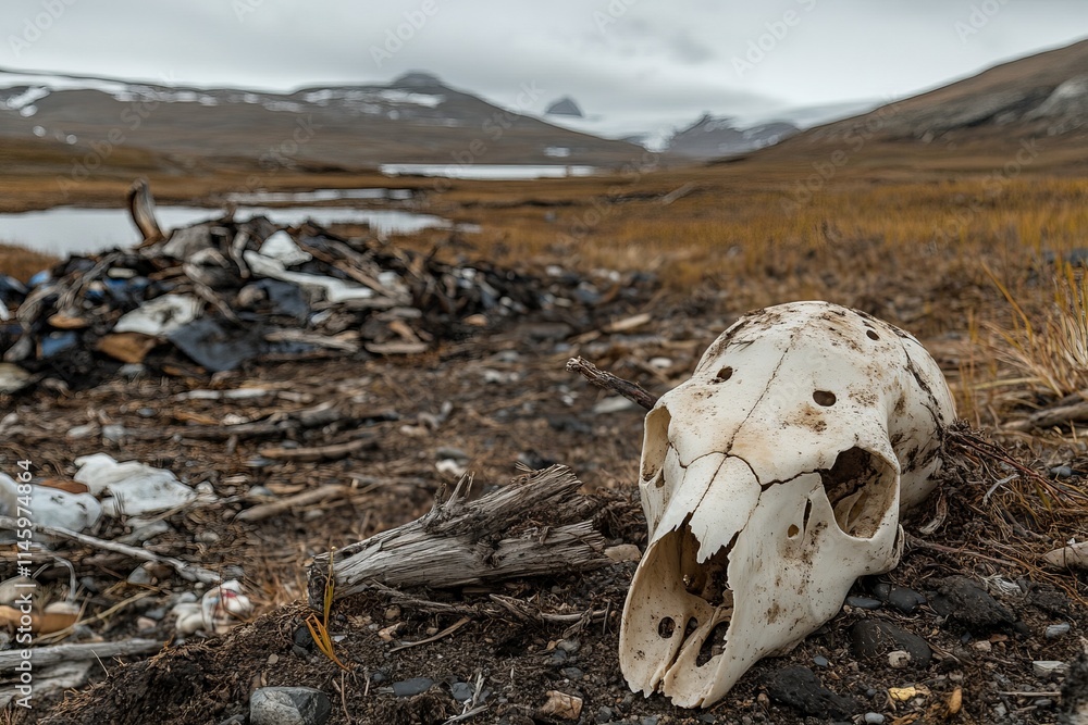 An evocative scene of a desolate landscape featuring an animal skull pierced by pollution remnants, critiquing human impact and the destruction of natural settings. An evocative scene of a desolate landscape featuring an animal skull pierced by pollution remnants, critiquing human impact and the destruction of natural settings.