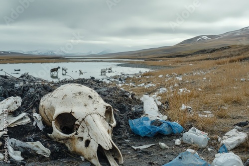 A stark landscape depicting an animal skull amidst scattered pollution debris, highlighting environmental concerns and the impact of waste on natural habitats. photo