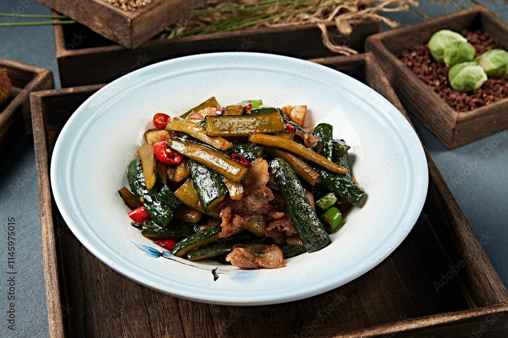 Stir-fried pork belly with garlic, rice pepper and cucumber strips Stir-fried pork belly with garlic, rice pepper and cucumber strips