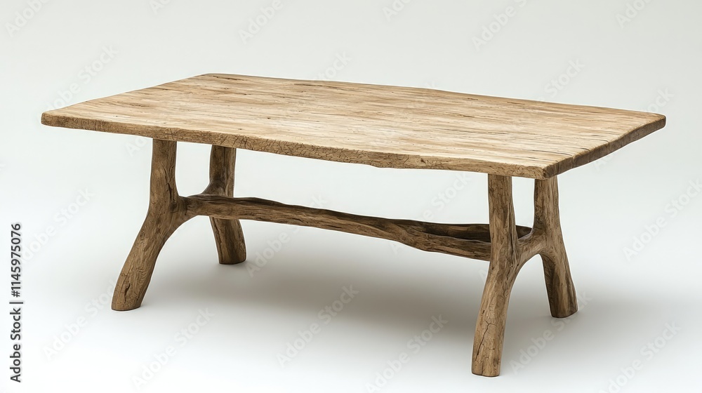 Fototapeta premium Rustic wooden dining table with natural grain and unique curved legs isolated on a white background.