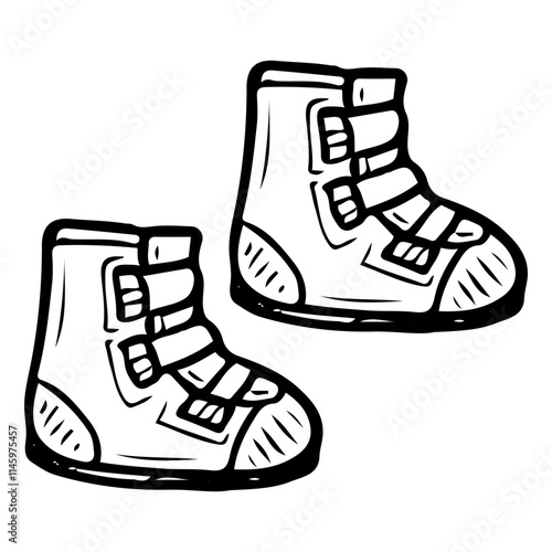 Snowboard boots hand drawn doodle. Sports equipment. Accessory for foot protection. Snowboarding shoes. Snowboard. Snow riding. Winter games tool. Vector line art illustration.