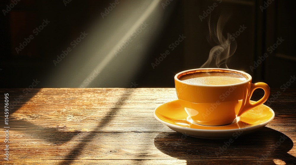 Steaming coffee cup on wooden table in sunlight. Steaming coffee cup on wooden table in sunlight.